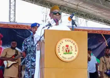 Governor Seyi Makinde represented by Bayo Lawal presenting staff of office to new Ibadan Obas at Mapo Hall.