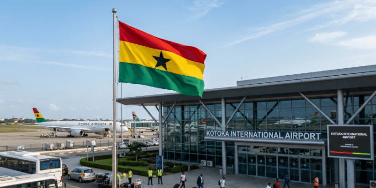 Ghana national flag flying at an international airport terminal.