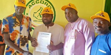 Dr Folahan Franklin Olufemi at the Accord Party Oyo secretariat for the 2027 Oyo State Election submission.