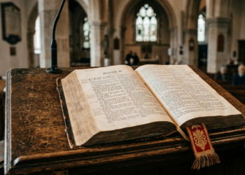 Religious Extremism In Nigeria: The Pulpit And An open Bible resting on a wooden pulpit, symbolising the power of rhetoric in religious teaching.