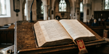 Religious Extremism In Nigeria: The Pulpit And An open Bible resting on a wooden pulpit, symbolising the power of rhetoric in religious teaching.