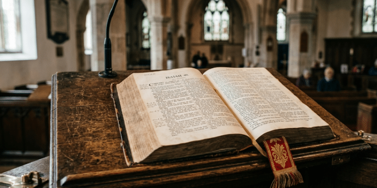 Religious Extremism In Nigeria: The Pulpit And An open Bible resting on a wooden pulpit, symbolising the power of rhetoric in religious teaching.