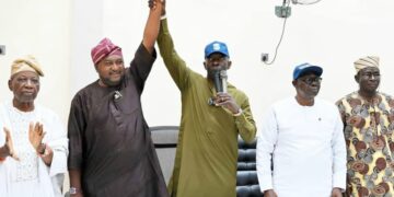 Ibadan ​Hon Bimbo Adekanmbi and Open Salawu standing with Allied People's Movement leaders in Oyo State