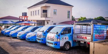 Lineup of 20 branded mobile public address vehicles for the Hon. Adedeji Olajide Oyo South senatorial district grassroots awareness campaign.