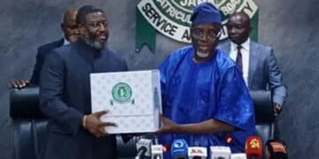 Professor Is-haq Oloyede Hands Over To New JAMB Registrar Prof Segun Aina