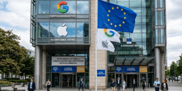 European Union flag standing outside Google apple headquarters representing Digital Markets Act AI regulation.