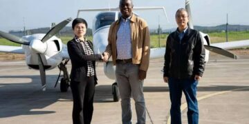 Nigerian officials inspecting aerial Oyo State Security Surveillance acquired for Seyi Makinde's security initiative.