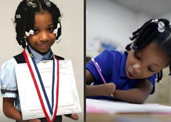 Anaya Ellick national handwriting award winner holding pencil between forearms