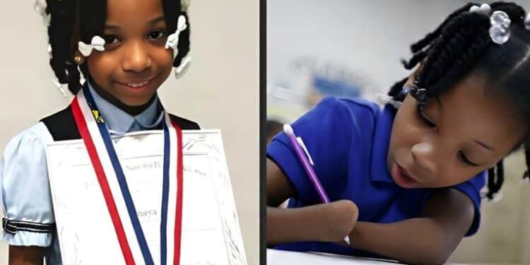 Anaya Ellick national handwriting award winner holding pencil between forearms
