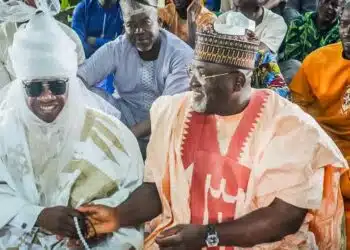 Hon. Adedeji Dhikrullahi Olajide Odidiomo presenting a contribution to Ago Ebira central mosque Ibadan leaders.
