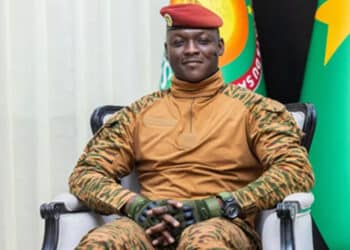 Captain Ibrahim Traore Burkina Faso military junta leader addressing supporters in military uniform