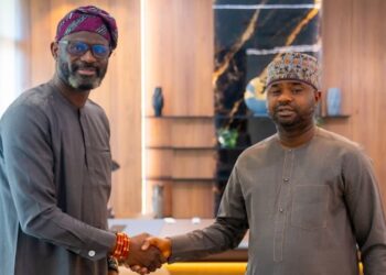 Dr Zacch Adedeji, Executive Chairman of the Nigerian Revenue Service (NRS), with Dr Falil Ayo Abina, Executive Chairman, AACS, a public policy analysis and management consulting firm, during a meeting on Friday in Lagos.