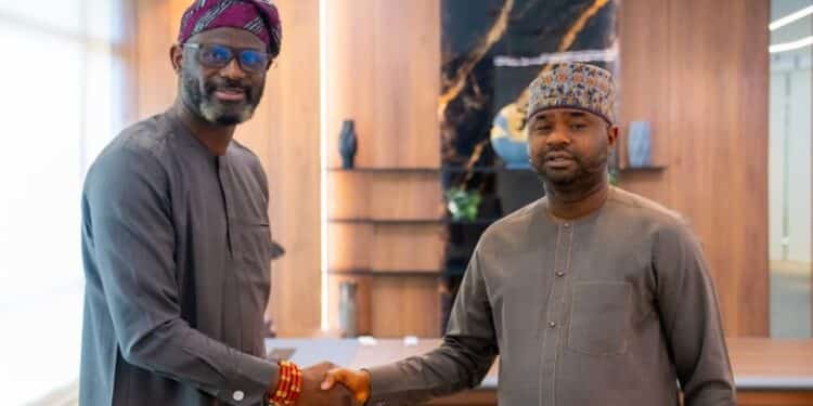 Dr Zacch Adedeji, Executive Chairman of the Nigerian Revenue Service (NRS), with Dr Falil Ayo Abina, Executive Chairman, AACS, a public policy analysis and management consulting firm, during a meeting on Friday in Lagos.