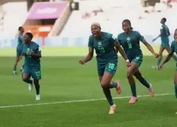 Nigeria’s Falconets celebrate their 3–0 victory over England in the FIFA U-20 Women’s World Cup Round of 16.