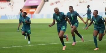 Nigeria’s Falconets celebrate their 3–0 victory over England in the FIFA U-20 Women’s World Cup Round of 16.