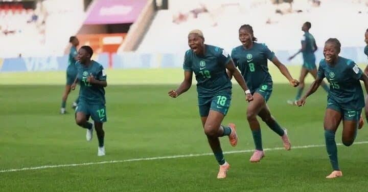 Nigeria’s Falconets celebrate their 3–0 victory over England in the FIFA U-20 Women’s World Cup Round of 16.