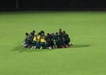 Nigeria's U-17 national football team lined up on the pitch ahead of their match against Ghana