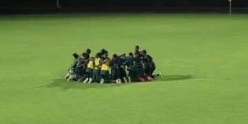 Nigeria's U-17 national football team lined up on the pitch ahead of their match against Ghana