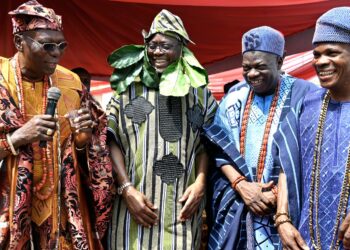 From left, Eleruwa of Eruwaland, Oba Samuel Adegbola; Oyo State Governor and Allied People’s Movement Presidential Candidate, ‘Seyi Makinde; Olu of Igboora, Oba Jimoh Titiloye and Asigangan of Igangan, Oba Rafiu Adeniyi, during the Installation of Governor Makinde and his wife as Aare and Yeye Aare Asoludero of Ibarapaland, at Eleruwa Palace, Eruwa, on Saturday.