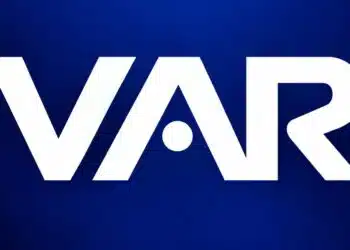 VAR monitor at a Premier League football match displaying an offside review