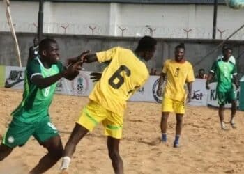 Nigeria Super Sand Eagles and Ghana Black Sharks competing in the 2026 Beach Soccer AFCON qualifier in Kaduna