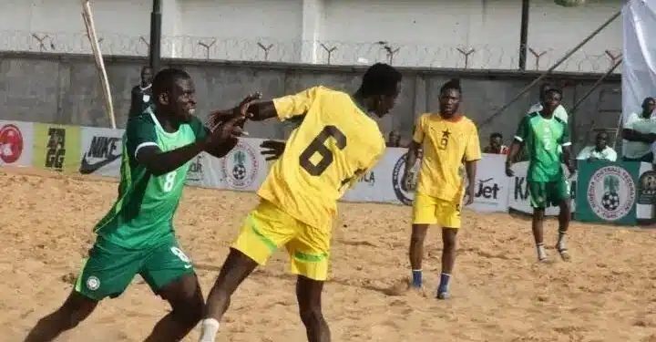 Nigeria Super Sand Eagles and Ghana Black Sharks competing in the 2026 Beach Soccer AFCON qualifier in Kaduna