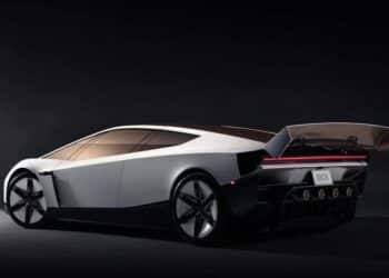Futuristic silver Tesla Roadster concept hovering above a platform with rocket-like thrusters and dramatic red lighting.