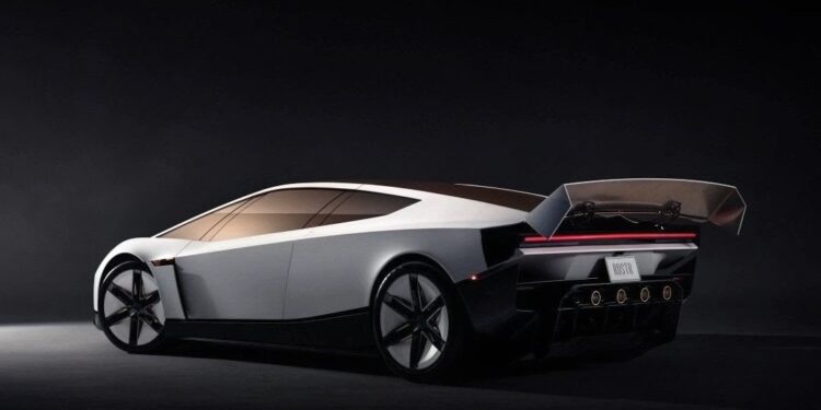 Futuristic silver Tesla Roadster concept hovering above a platform with rocket-like thrusters and dramatic red lighting.