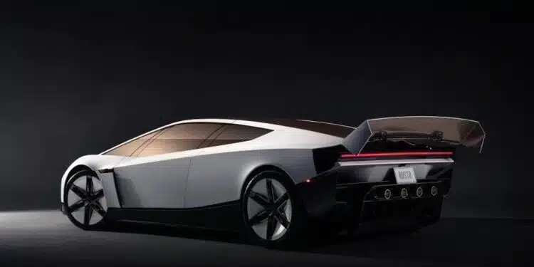 Futuristic silver Tesla Roadster concept hovering above a platform with rocket-like thrusters and dramatic red lighting.