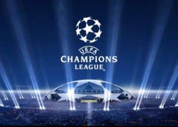 UEFA Champions League logo featuring today's fixtures, with PSG vs Barcelona highlighted as the standout match.