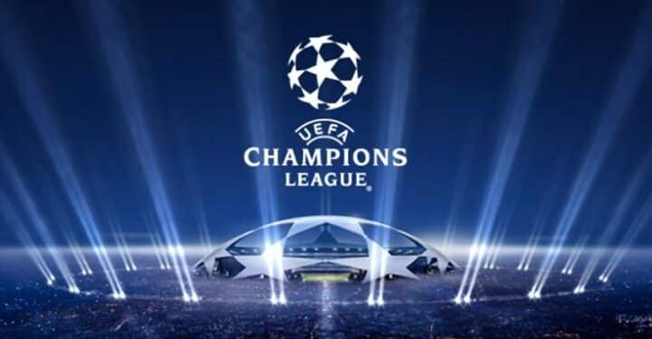 UEFA Champions League logo featuring today's fixtures, with PSG vs Barcelona highlighted as the standout match.