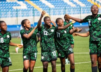 Nigeria Flamingos players celebrate their 2-0 win against Puerto Rico at the FIFA U-17 Women's World Cup.