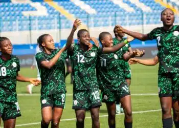 Nigeria Flamingos players celebrate their 2-0 win against Puerto Rico at the FIFA U-17 Women's World Cup.