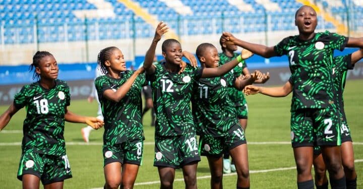 Nigeria Flamingos players celebrate their 2-0 win against Puerto Rico at the FIFA U-17 Women's World Cup.