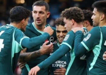 Brighton players celebrate their 1-0 Premier League victory over Manchester City at the Etihad Stadium.