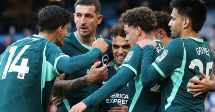 Brighton players celebrate their 1-0 Premier League victory over Manchester City at the Etihad Stadium.