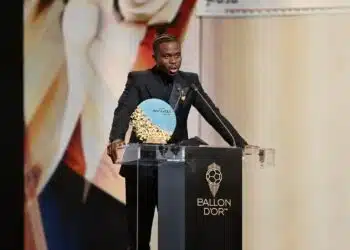 Bukayo Saka holds the Socrates Award at the 2026 Ballon d’Or ceremony in London.
