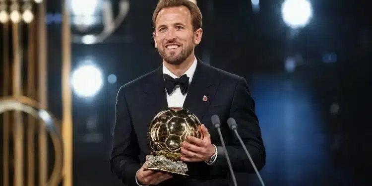 Harry Kane celebrates winning the 2026 Ballon d’Or, ending England's 25-year wait for the men's award.